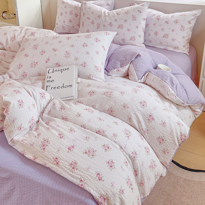 91家纺网 家纺一手货源 找家纺 桔禾家纺 2026春夏新款小清新A类超柔泡芙棉泡泡纱双层纱四件套 絮朵