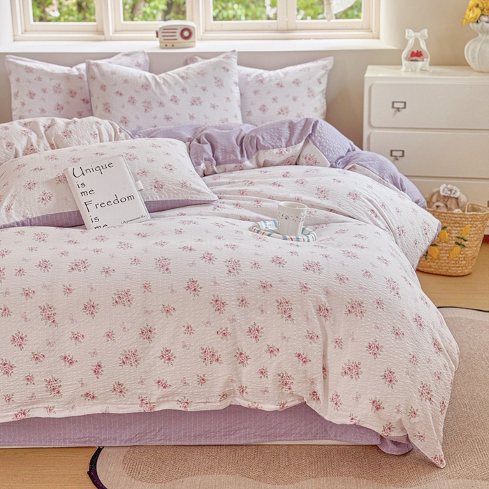 91家纺网 家纺一手货源 找家纺 桔禾家纺 2026春夏新款小清新A类超柔泡芙棉泡泡纱双层纱四件套 絮朵