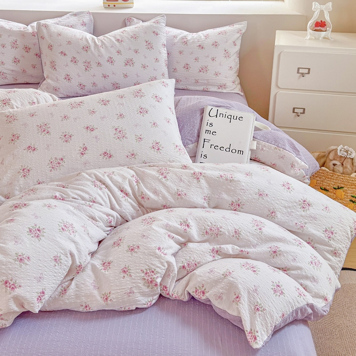 91家纺网 家纺一手货源 找家纺 桔禾家纺 2026春夏新款小清新A类超柔泡芙棉泡泡纱双层纱四件套 絮朵