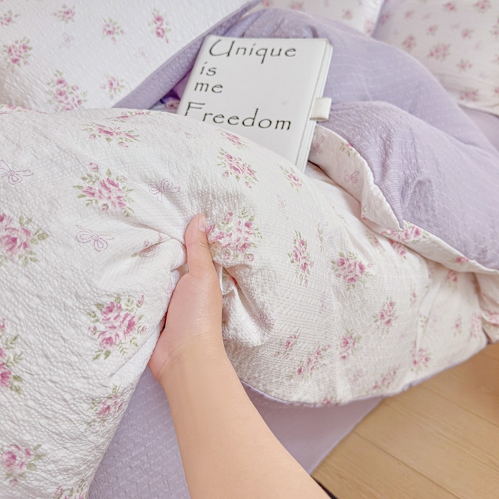 91家纺网 家纺一手货源 找家纺 桔禾家纺 2026春夏新款小清新A类超柔泡芙棉泡泡纱双层纱四件套 絮朵