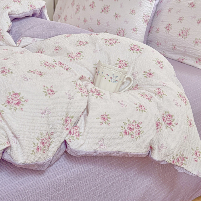 91家纺网 家纺一手货源 找家纺 桔禾家纺 2026春夏新款小清新A类超柔泡芙棉泡泡纱双层纱四件套 絮朵