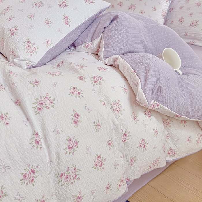 91家纺网 家纺一手货源 找家纺 桔禾家纺 2026春夏新款小清新A类超柔泡芙棉泡泡纱双层纱四件套 絮朵