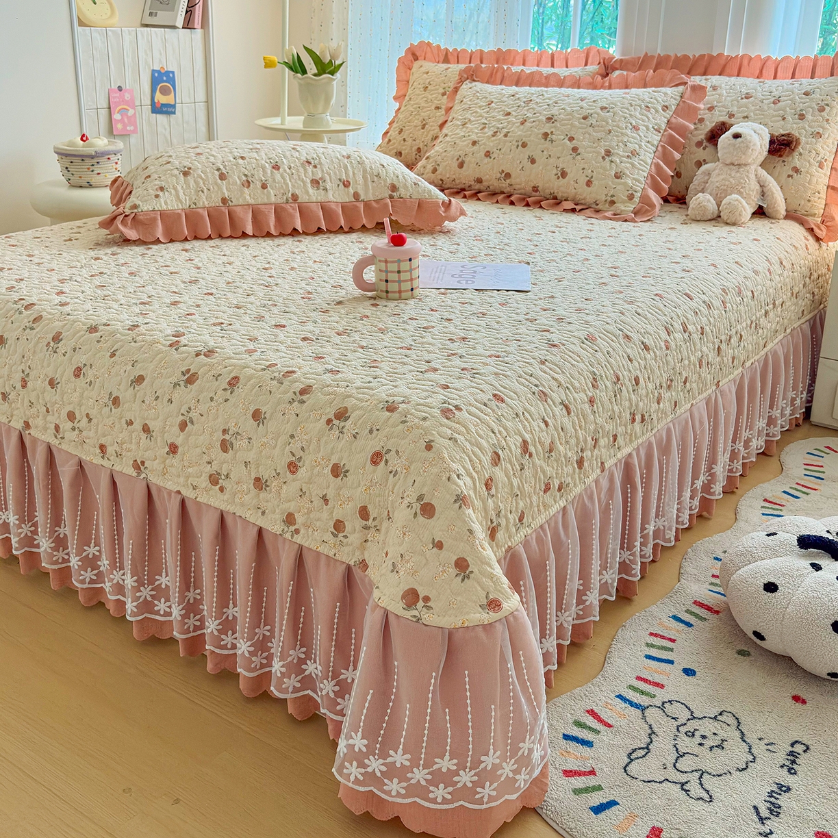 91家纺网 家纺一手货源 找家纺 绒耀家纺 2026春夏直播爆款泡芙棉云感双层纱皱皱纱韩式花边夏被四件套 事事如意