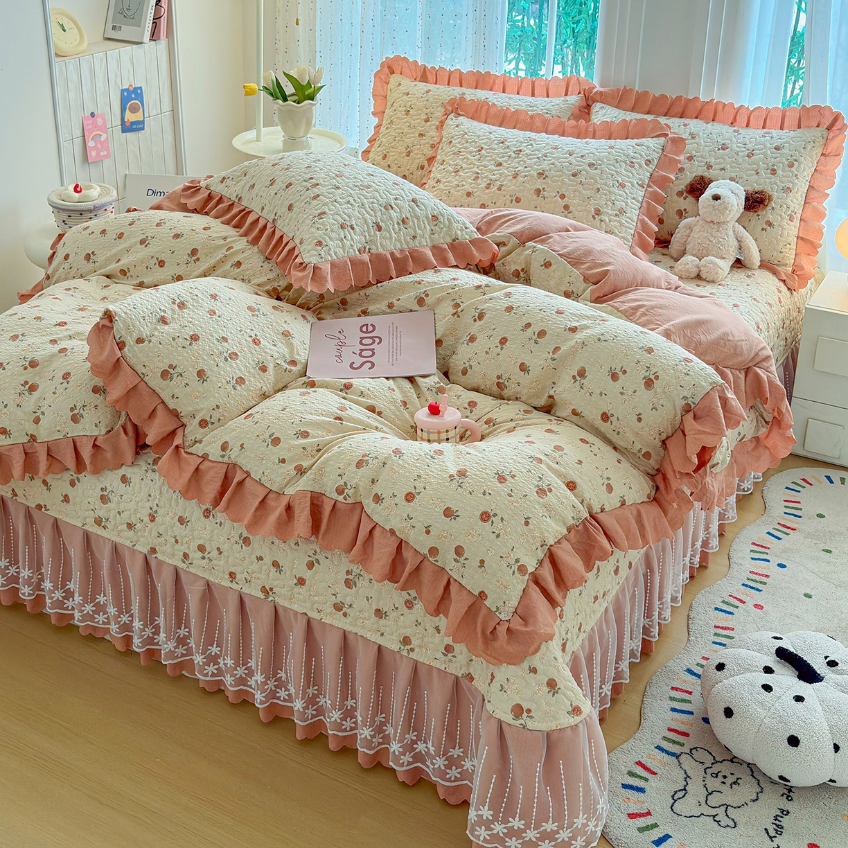 91家纺网 家纺一手货源 找家纺 绒耀家纺 2026春夏直播爆款泡芙棉云感双层纱皱皱纱韩式花边夏被四件套 事事如意