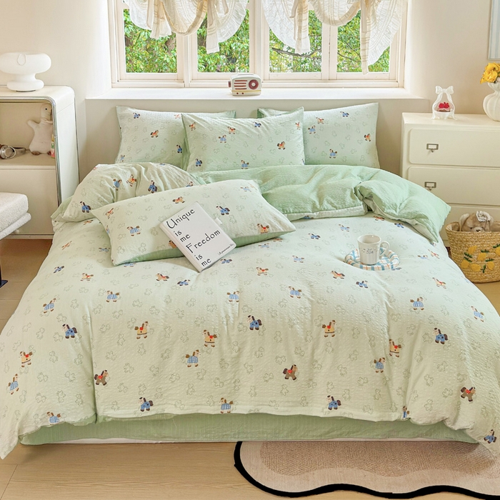 91家纺网 家纺一手货源 找家纺 桔禾家纺 2026春夏新款小清新A类超柔泡芙棉泡泡纱双层纱四件套 摇摇马