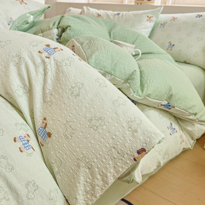 桔禾家纺 2026春夏新款小清新A类超柔泡芙棉泡泡纱双层纱四件套 摇摇马