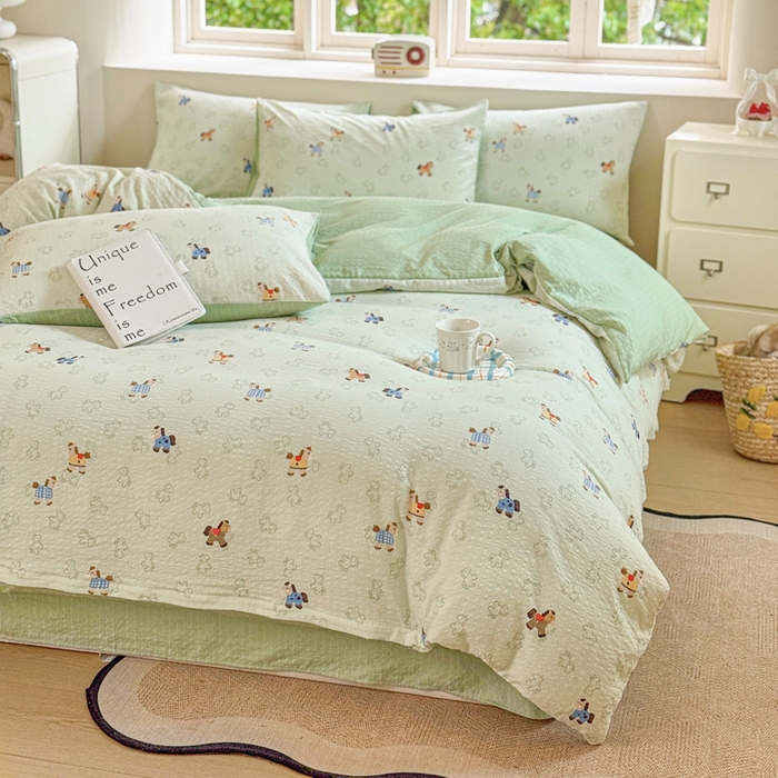 91家纺网 家纺一手货源 找家纺 桔禾家纺 2026春夏新款小清新A类超柔泡芙棉泡泡纱双层纱四件套 摇摇马