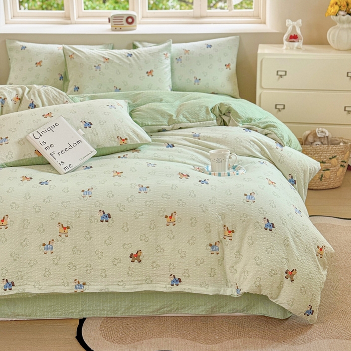 91家纺网 家纺一手货源 找家纺 桔禾家纺 2026春夏新款小清新A类超柔泡芙棉泡泡纱双层纱四件套 摇摇马