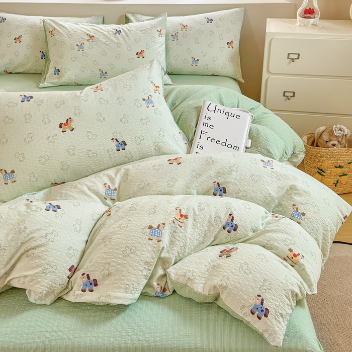 91家纺网 家纺一手货源 找家纺 桔禾家纺 2026春夏新款小清新A类超柔泡芙棉泡泡纱双层纱四件套 摇摇马