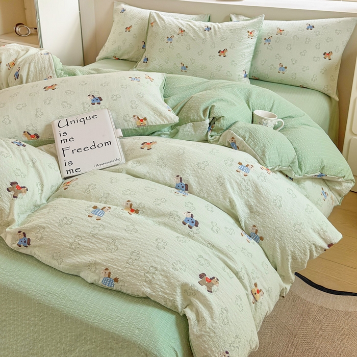 91家纺网 家纺一手货源 找家纺 桔禾家纺 2026春夏新款小清新A类超柔泡芙棉泡泡纱双层纱四件套 摇摇马