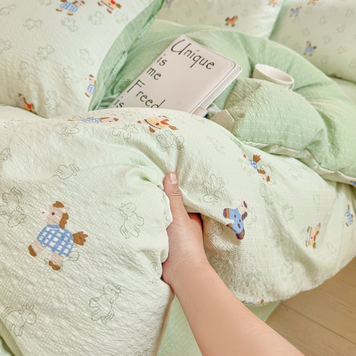 91家纺网 家纺一手货源 找家纺 桔禾家纺 2026春夏新款小清新A类超柔泡芙棉泡泡纱双层纱四件套 摇摇马