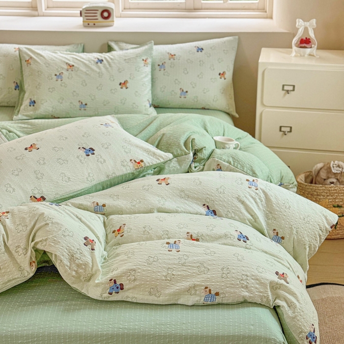 91家纺网 家纺一手货源 找家纺 桔禾家纺 2026春夏新款小清新A类超柔泡芙棉泡泡纱双层纱四件套 摇摇马