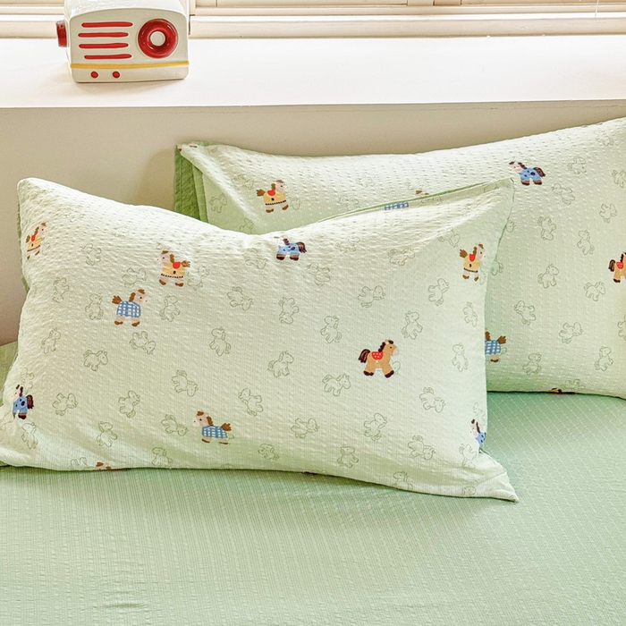 91家纺网 家纺一手货源 找家纺 桔禾家纺 2026春夏新款小清新A类超柔泡芙棉泡泡纱双层纱四件套 摇摇马