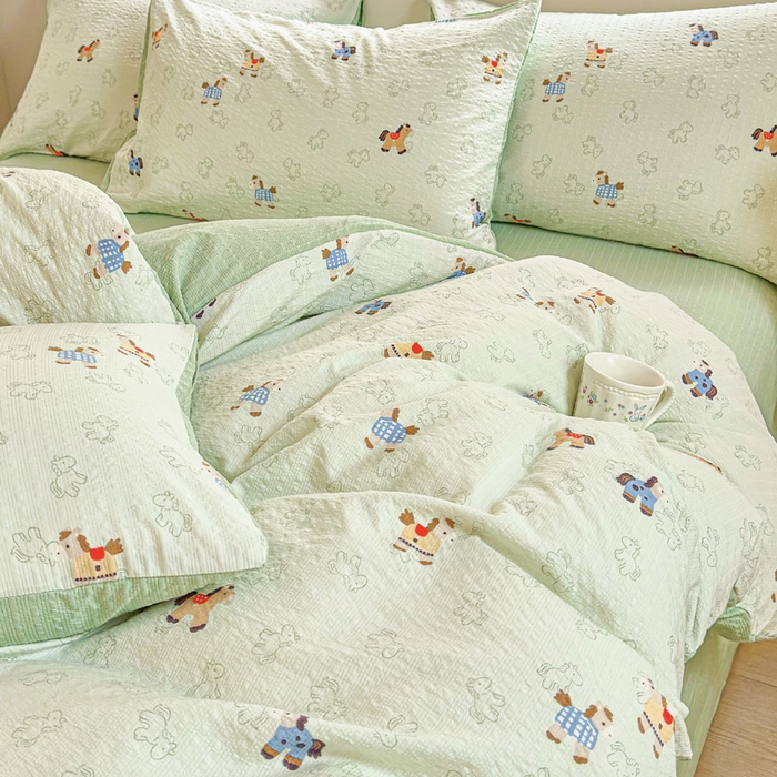 91家纺网 家纺一手货源 找家纺 桔禾家纺 2026春夏新款小清新A类超柔泡芙棉泡泡纱双层纱四件套 摇摇马