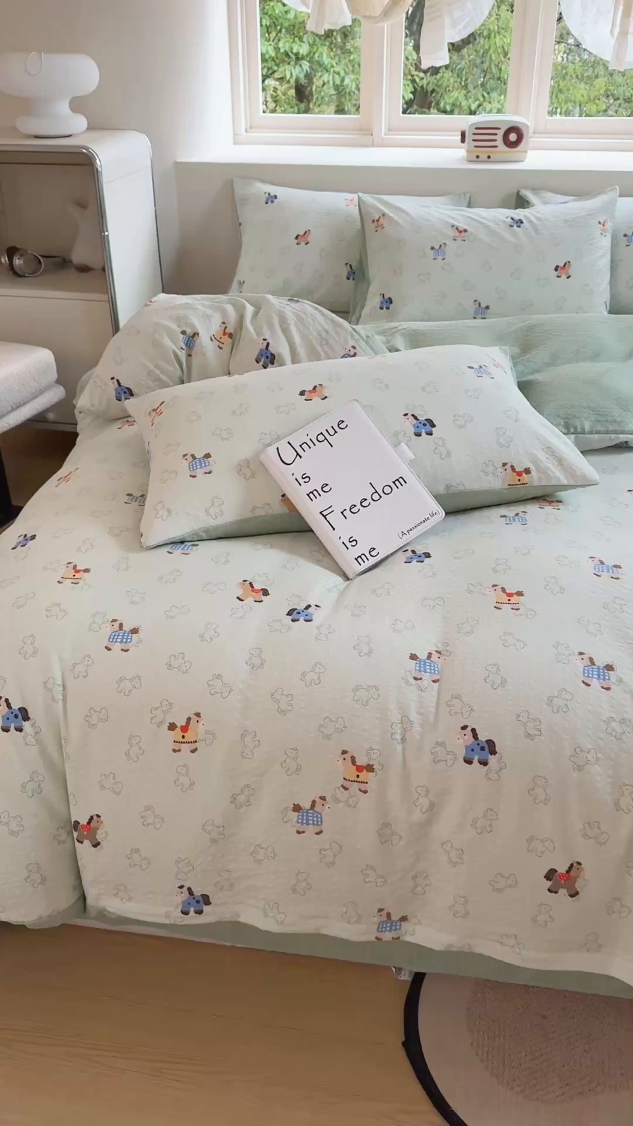 91家纺网 家纺一手货源 找家纺 桔禾家纺 2026春夏新款小清新A类超柔泡芙棉泡泡纱双层纱四件套 摇摇马