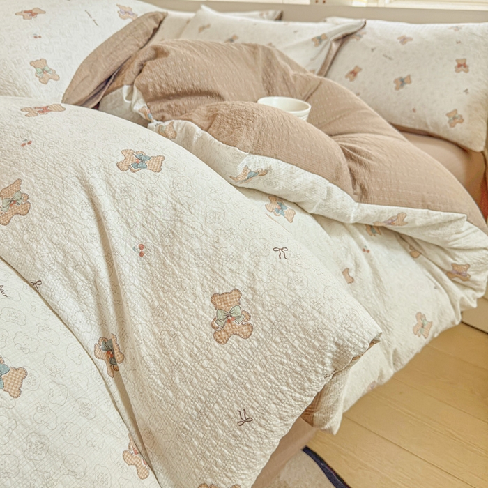 桔禾家纺 2026春夏新款小清新A类超柔泡芙棉泡泡纱双层纱四件套 云朵熊
