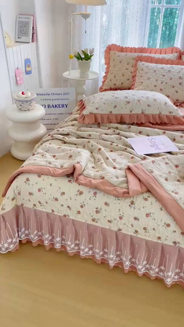 91家纺网 家纺一手货源 找家纺 绒耀家纺 2026春夏直播爆款泡芙棉云感双层纱皱皱纱韩式花边夏被四件套 事事如意