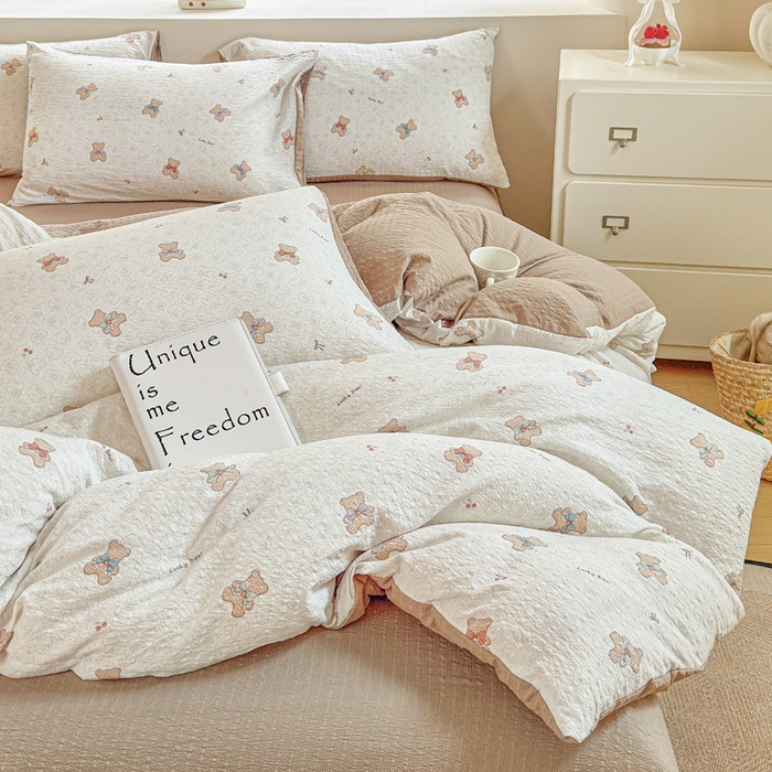 91家纺网 家纺一手货源 找家纺 桔禾家纺 2026春夏新款小清新A类超柔泡芙棉泡泡纱双层纱四件套 云朵熊