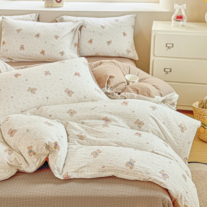 91家纺网 家纺一手货源 找家纺 桔禾家纺 2026春夏新款小清新A类超柔泡芙棉泡泡纱双层纱四件套 云朵熊