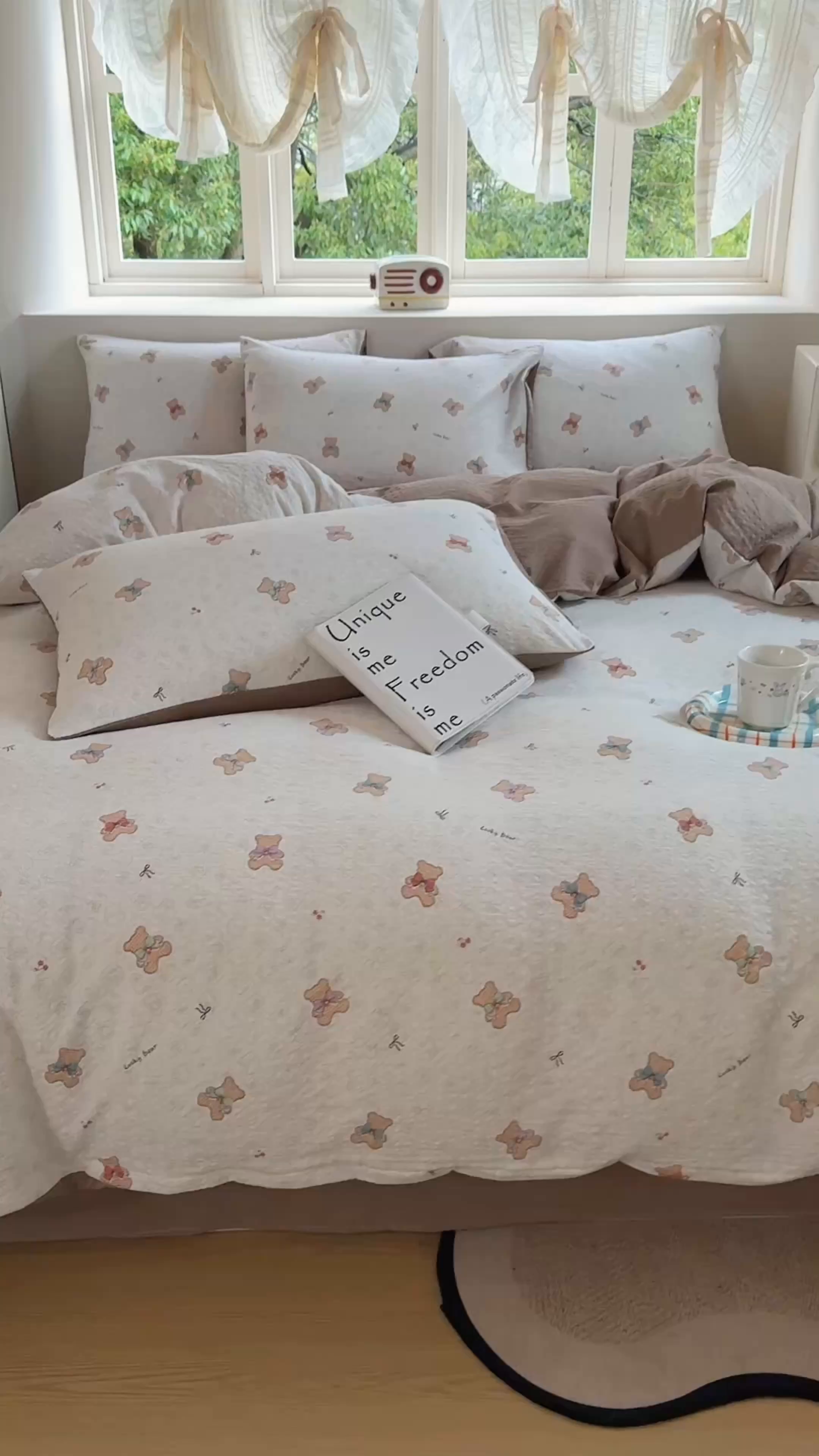 91家纺网 家纺一手货源 找家纺 桔禾家纺 2026春夏新款小清新A类超柔泡芙棉泡泡纱双层纱四件套 云朵熊