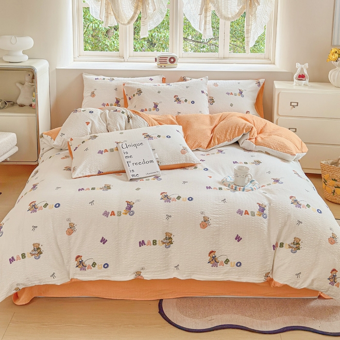 91家纺网 家纺一手货源 找家纺 桔禾家纺 2026春夏新款小清新A类超柔泡芙棉泡泡纱双层纱四件套 熊趣