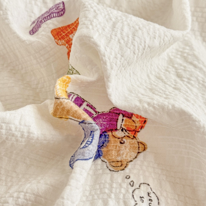 91家纺网 家纺一手货源 找家纺 桔禾家纺 2026春夏新款小清新A类超柔泡芙棉泡泡纱双层纱四件套 熊趣