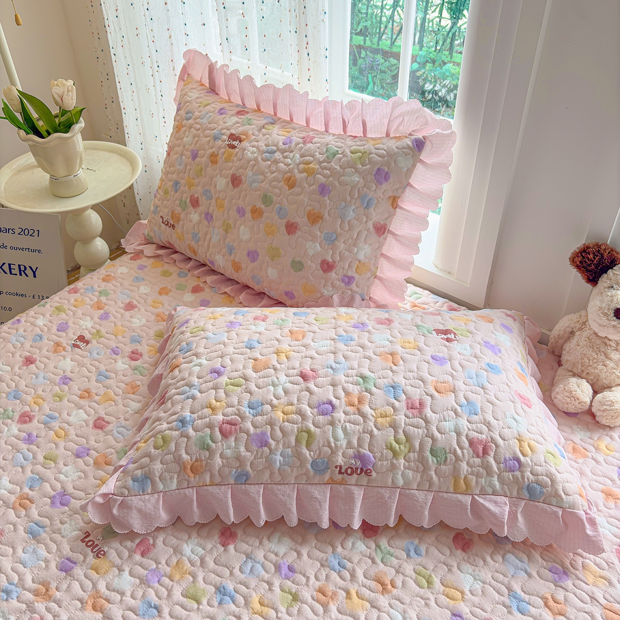 91家纺网 家纺一手货源 找家纺 绒耀家纺 2026春夏直播爆款泡芙棉云感双层纱皱皱纱韩式花边夏被四件套 甜蜜爱恋