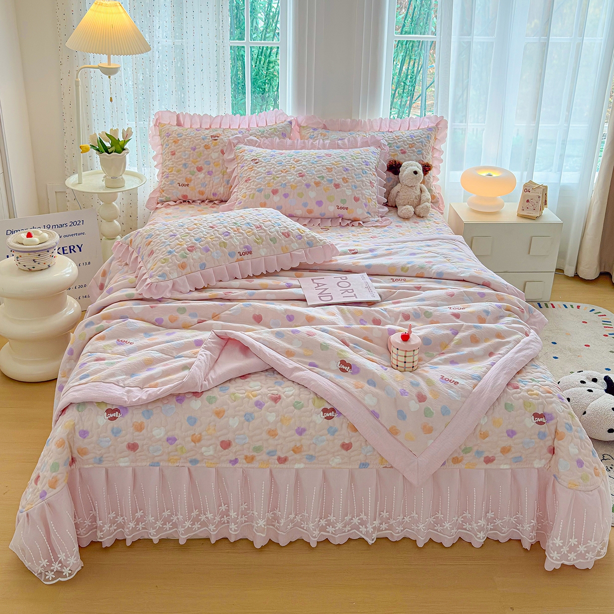 绒耀家纺 2026春夏直播爆款泡芙棉云感双层纱皱皱纱韩式花边夏被四件套 甜蜜爱恋