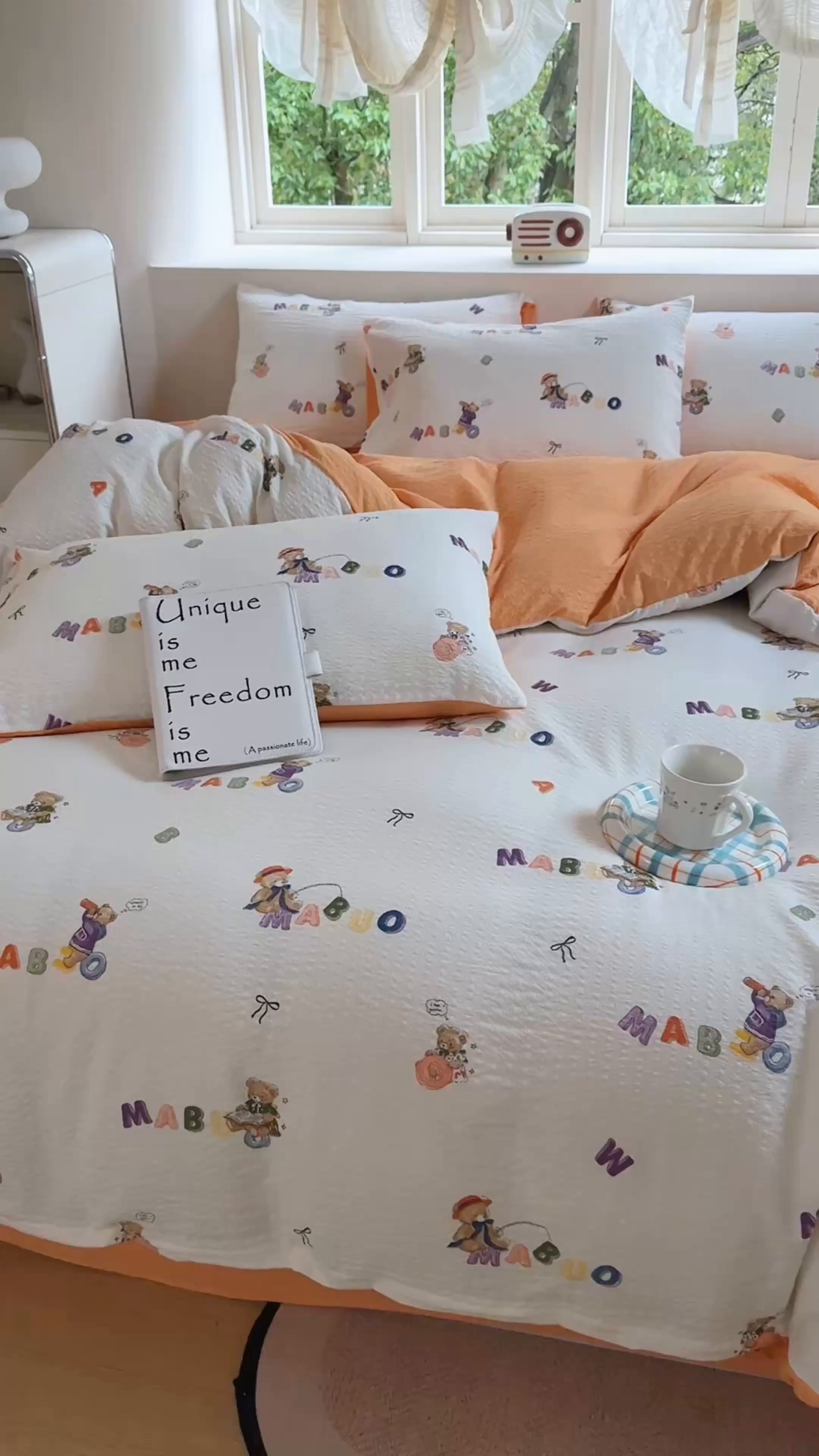 91家纺网 家纺一手货源 找家纺 桔禾家纺 2026春夏新款小清新A类超柔泡芙棉泡泡纱双层纱四件套 熊趣