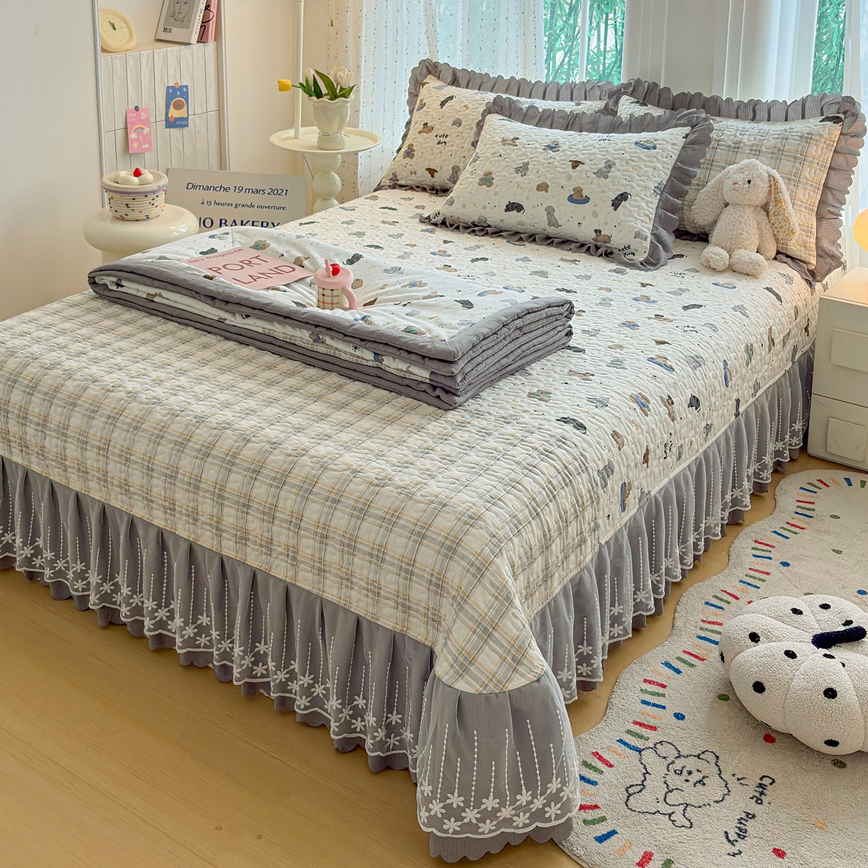 91家纺网 家纺一手货源 找家纺 绒耀家纺 2026春夏直播爆款泡芙棉云感双层纱皱皱纱韩式花边夏被四件套 旺旺大队