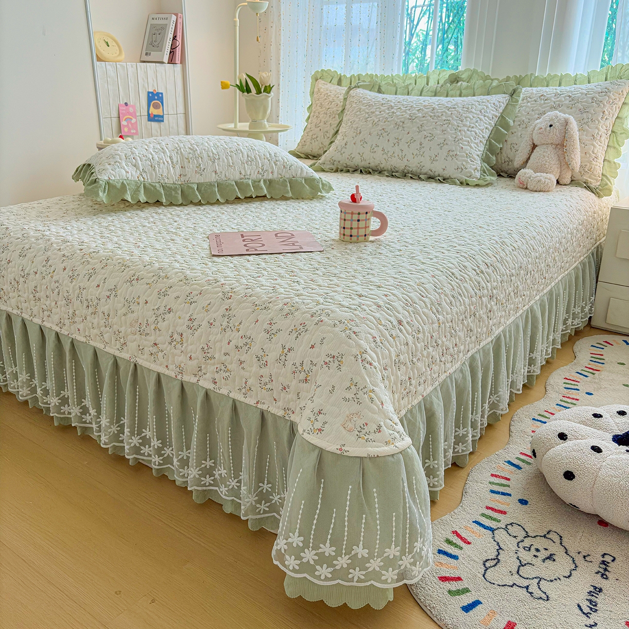 91家纺网 家纺一手货源 找家纺 绒耀家纺 2026春夏直播爆款泡芙棉云感双层纱皱皱纱韩式花边夏被四件套 夏日