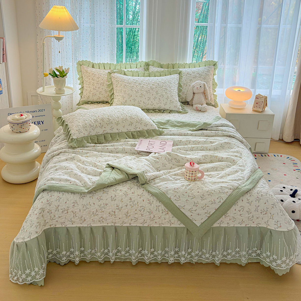 绒耀家纺 2026春夏直播爆款泡芙棉云感双层纱皱皱纱韩式花边夏被四件套 夏日