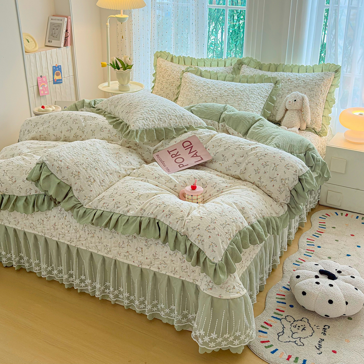 91家纺网 家纺一手货源 找家纺 绒耀家纺 2026春夏直播爆款泡芙棉云感双层纱皱皱纱韩式花边夏被四件套 夏日