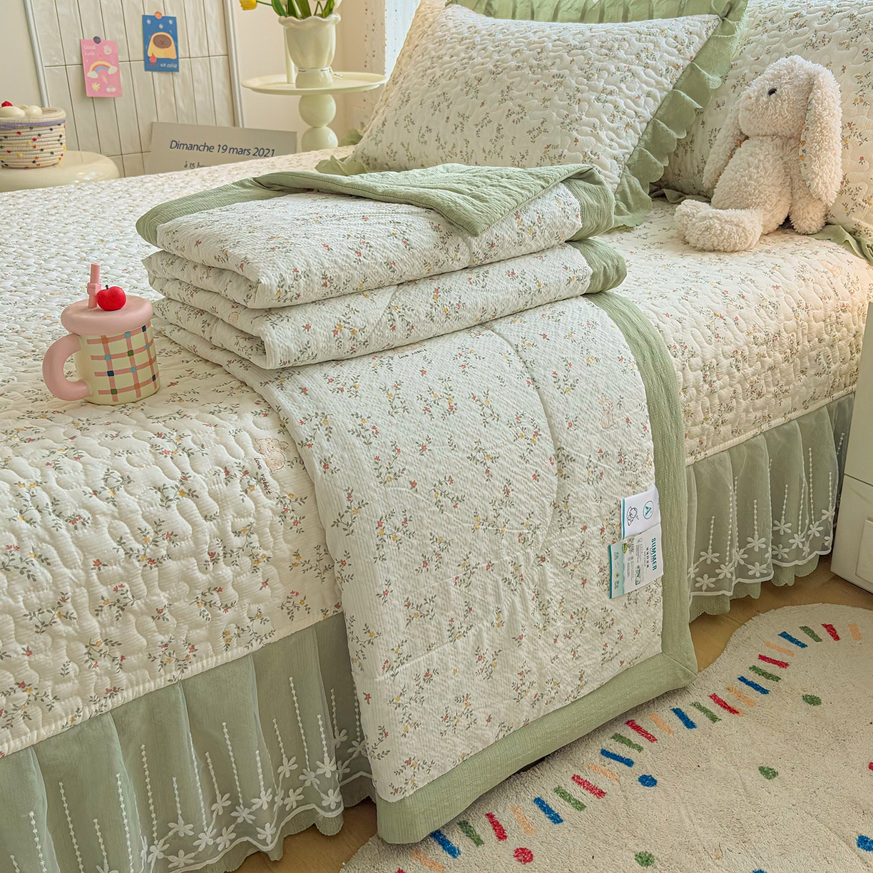 91家纺网 家纺一手货源 找家纺 绒耀家纺 2026春夏直播爆款泡芙棉云感双层纱皱皱纱韩式花边夏被四件套 夏日