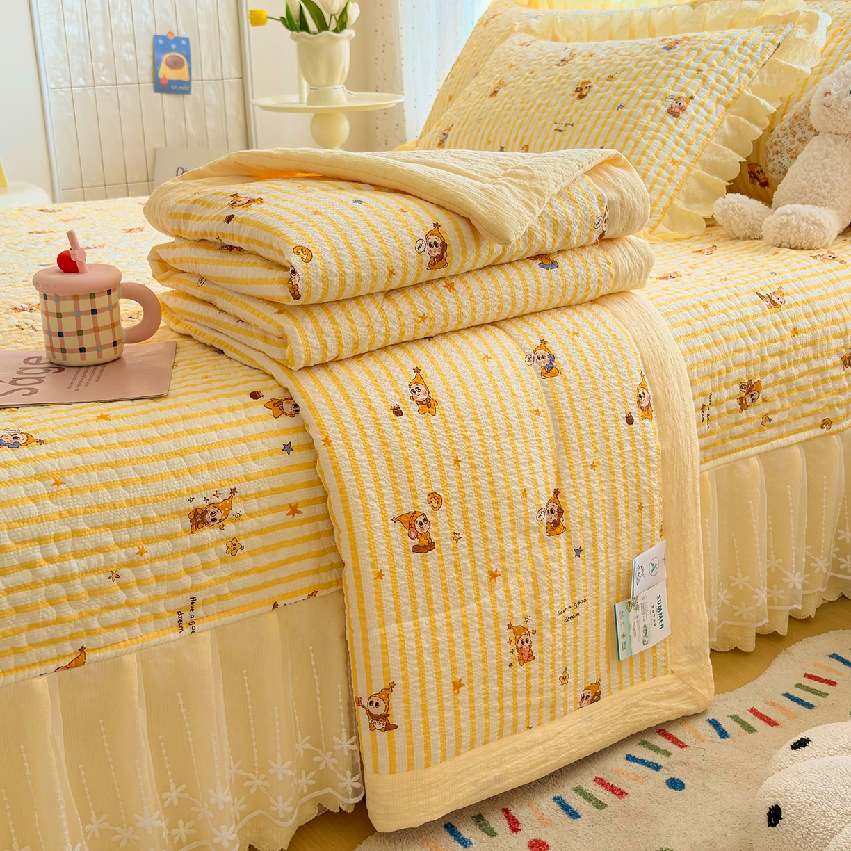 91家纺网 家纺一手货源 找家纺 绒耀家纺 2026春夏直播爆款泡芙棉云感双层纱皱皱纱韩式花边夏被四件套 星星人