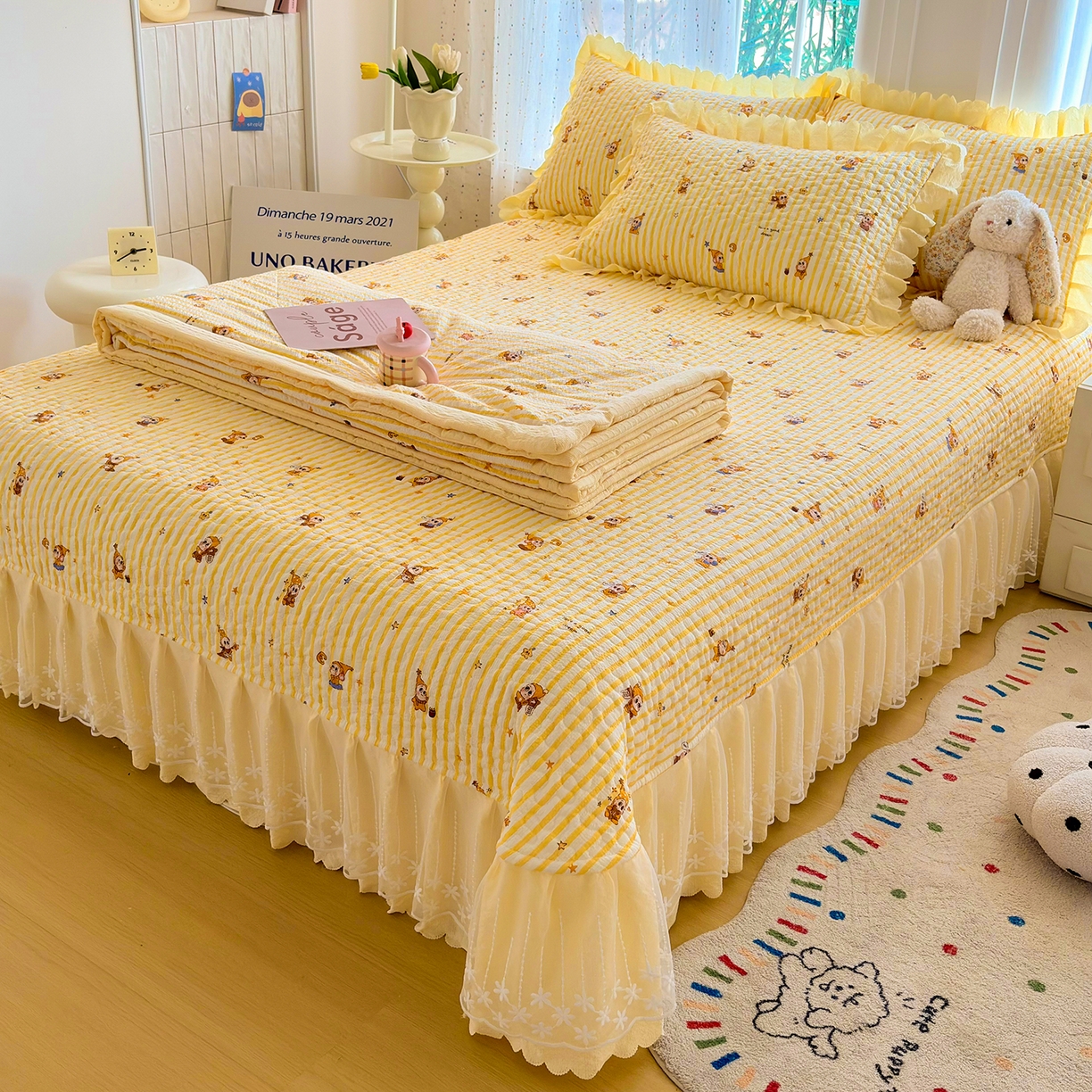 91家纺网 家纺一手货源 找家纺 绒耀家纺 2026春夏直播爆款泡芙棉云感双层纱皱皱纱韩式花边夏被四件套 星星人