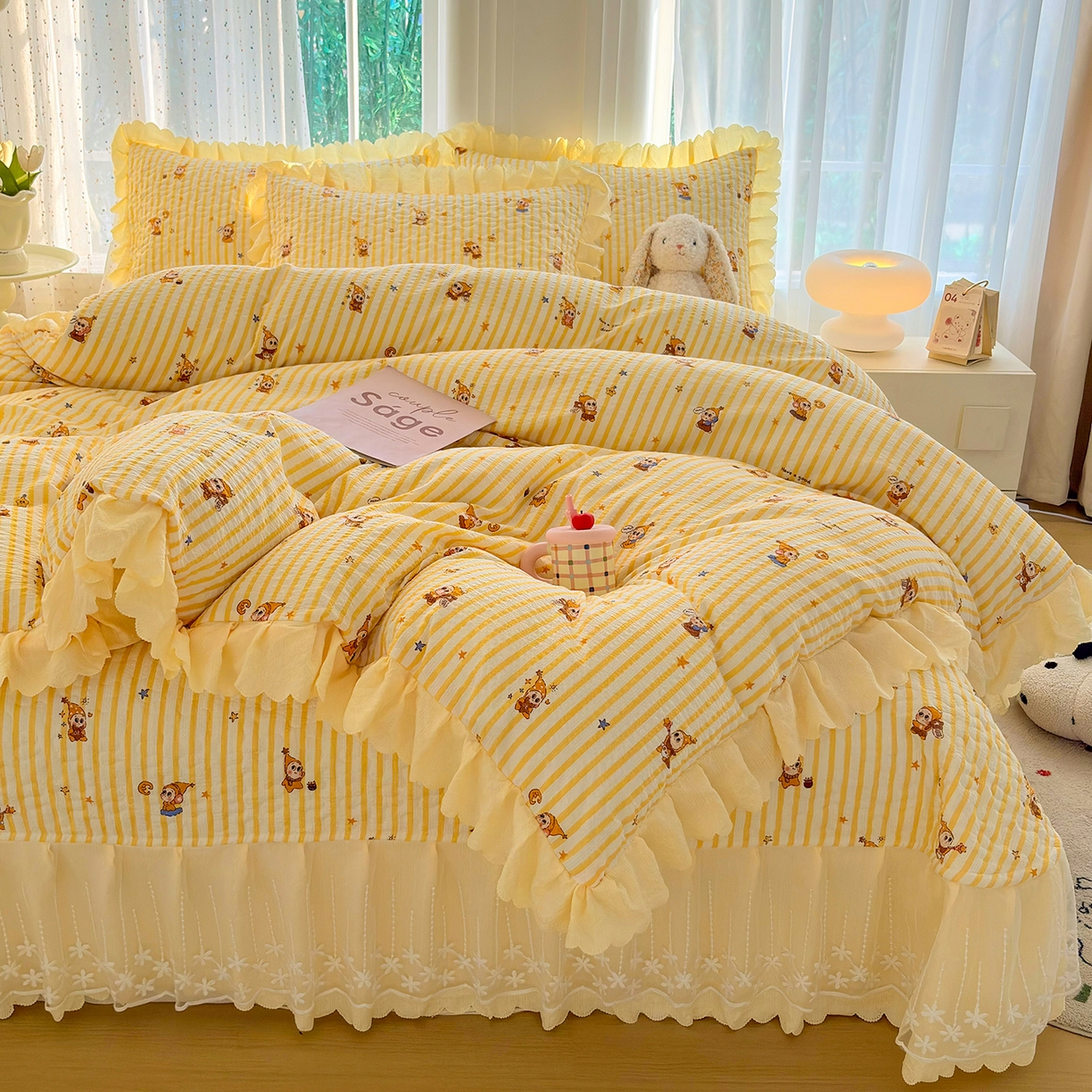 91家纺网 家纺一手货源 找家纺 绒耀家纺 2026春夏直播爆款泡芙棉云感双层纱皱皱纱韩式花边夏被四件套 星星人