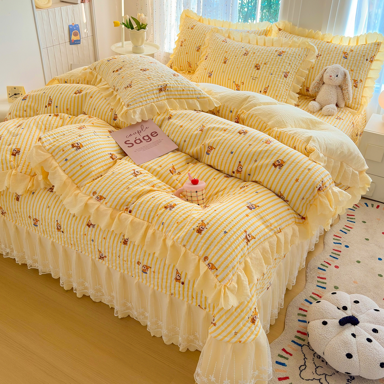 91家纺网 家纺一手货源 找家纺 绒耀家纺 2026春夏直播爆款泡芙棉云感双层纱皱皱纱韩式花边夏被四件套 星星人