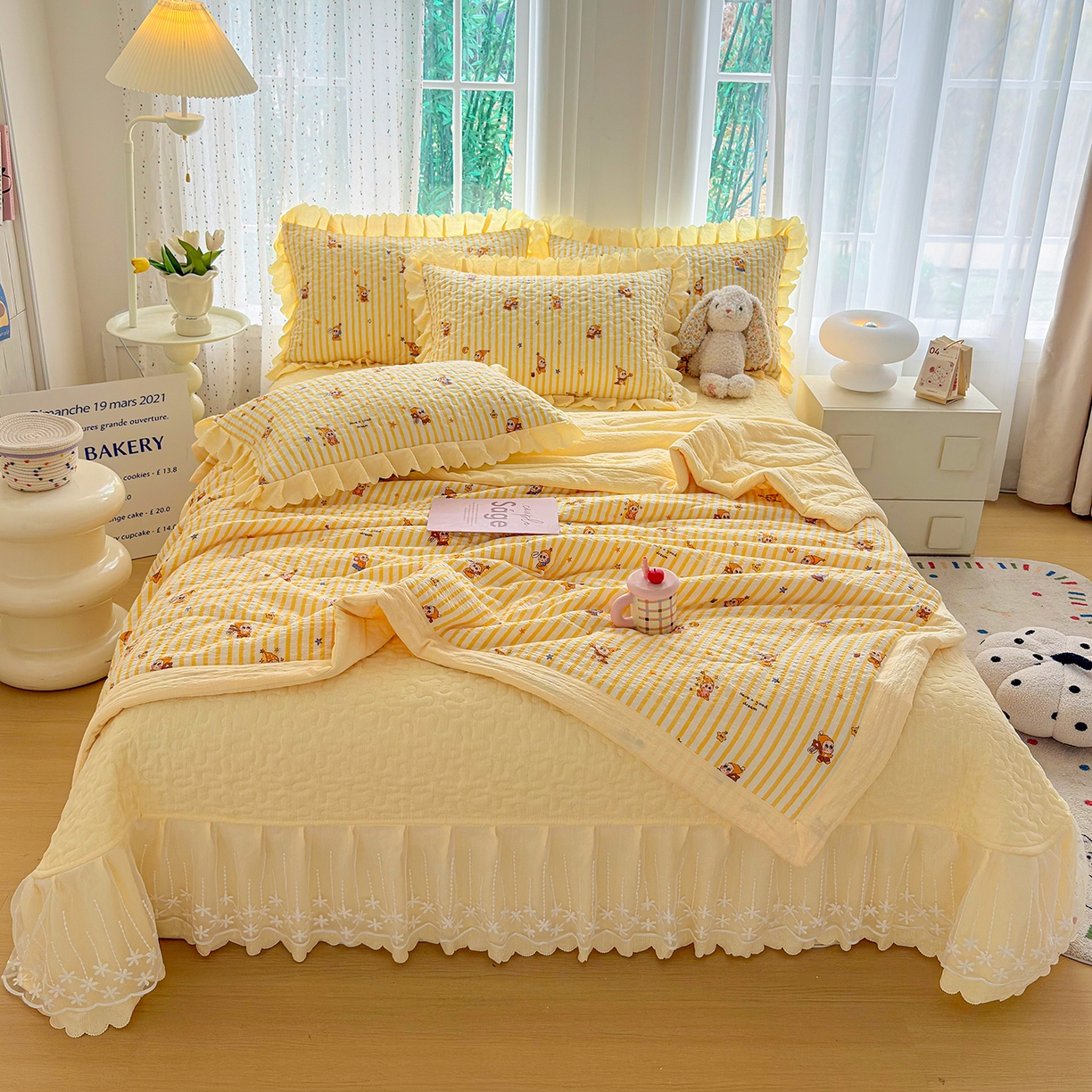 绒耀家纺 2026春夏直播爆款泡芙棉云感双层纱皱皱纱韩式花边夏被四件套 星星人-AB