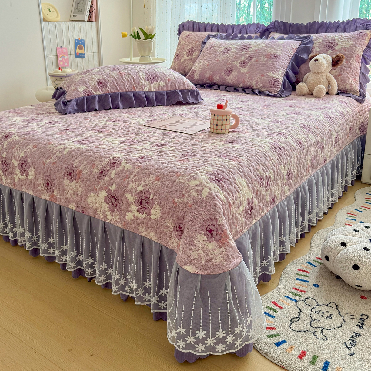 91家纺网 家纺一手货源 找家纺 绒耀家纺 2026春夏直播爆款泡芙棉云感双层纱皱皱纱韩式花边夏被四件套 紫魅