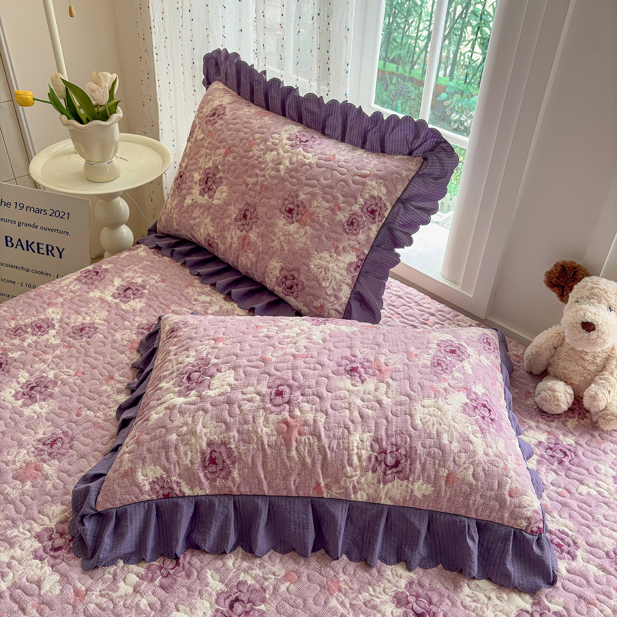 91家纺网 家纺一手货源 找家纺 绒耀家纺 2026春夏直播爆款泡芙棉云感双层纱皱皱纱韩式花边夏被四件套 紫魅