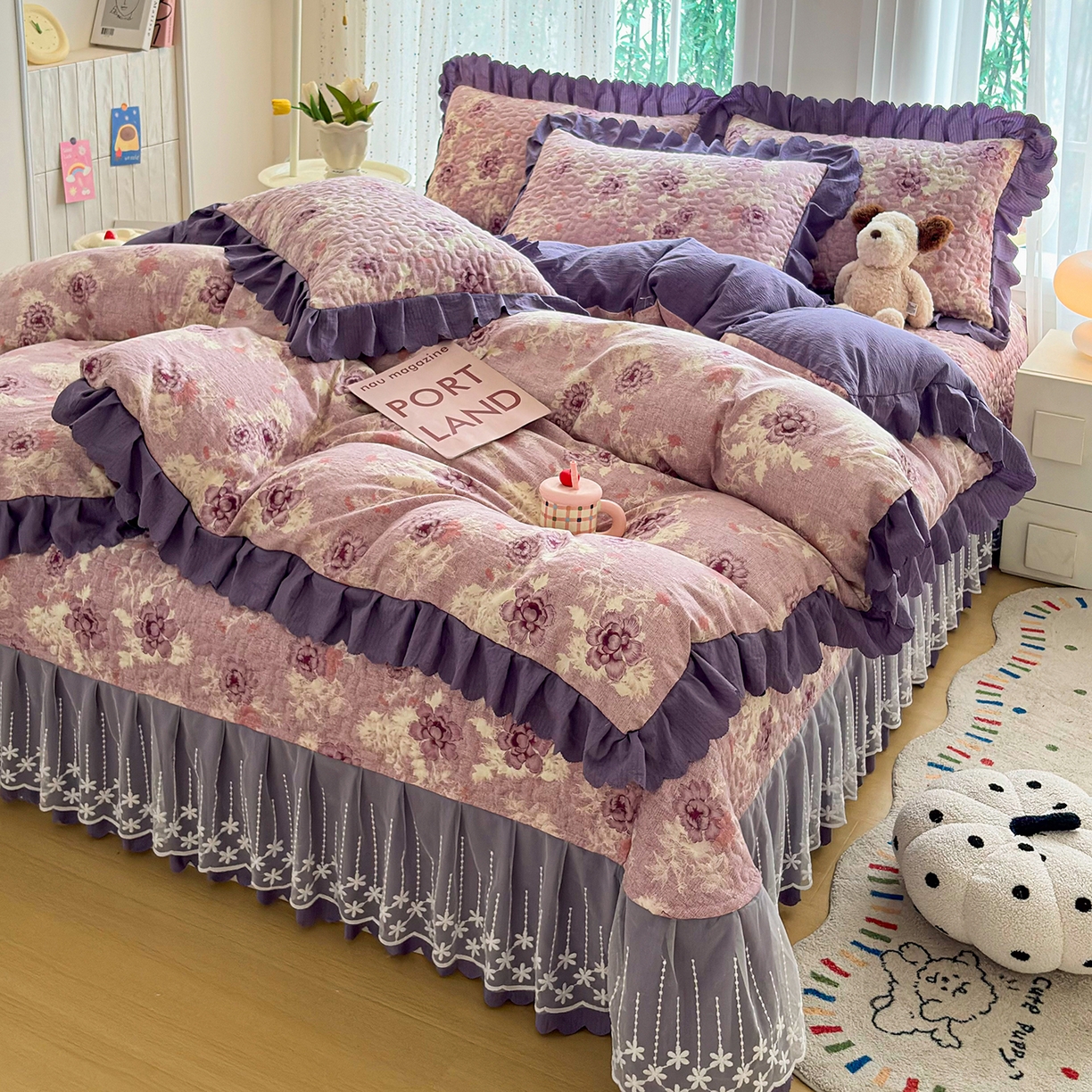 91家纺网 家纺一手货源 找家纺 绒耀家纺 2026春夏直播爆款泡芙棉云感双层纱皱皱纱韩式花边夏被四件套 紫魅