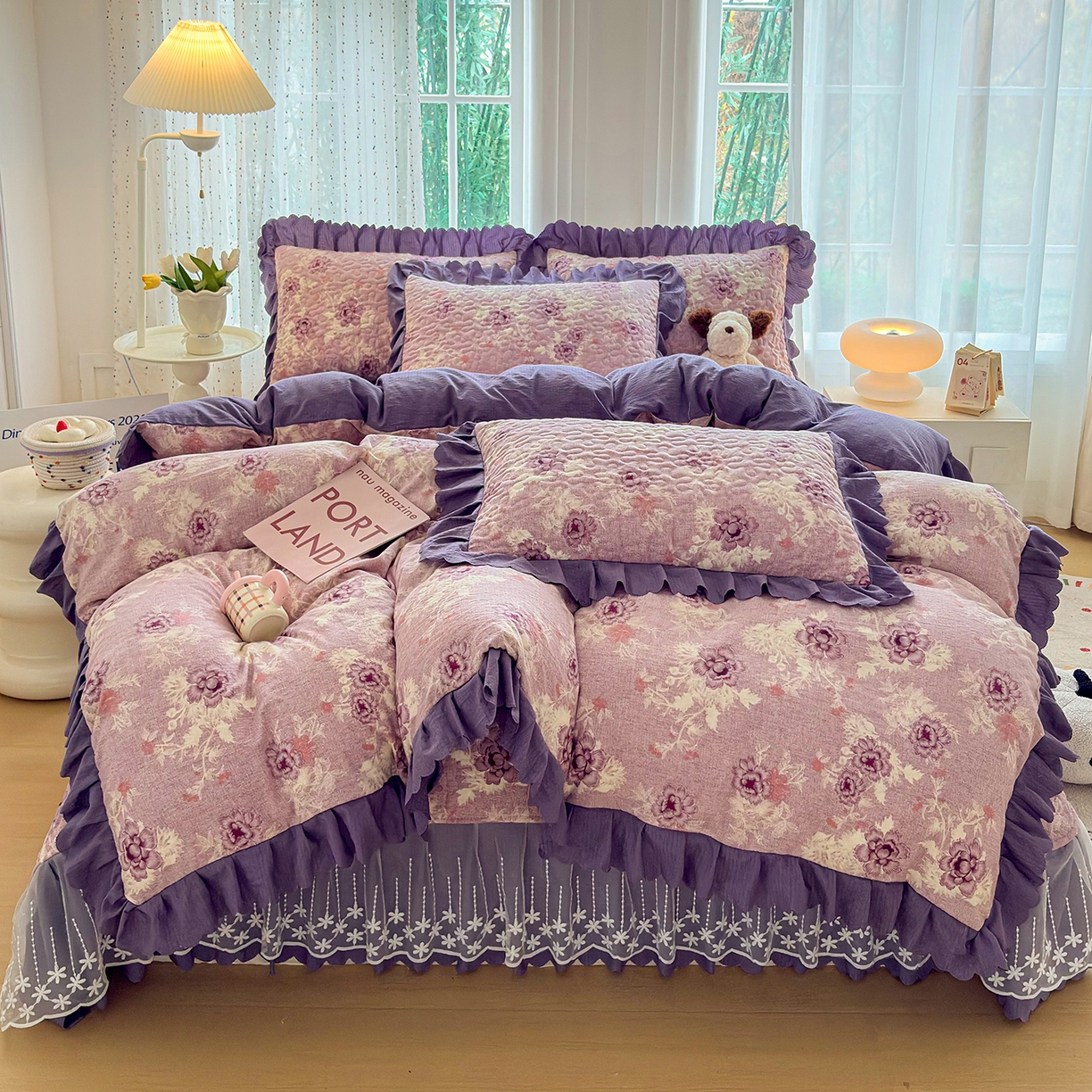91家纺网 家纺一手货源 找家纺 绒耀家纺 2026春夏直播爆款泡芙棉云感双层纱皱皱纱韩式花边夏被四件套 紫魅