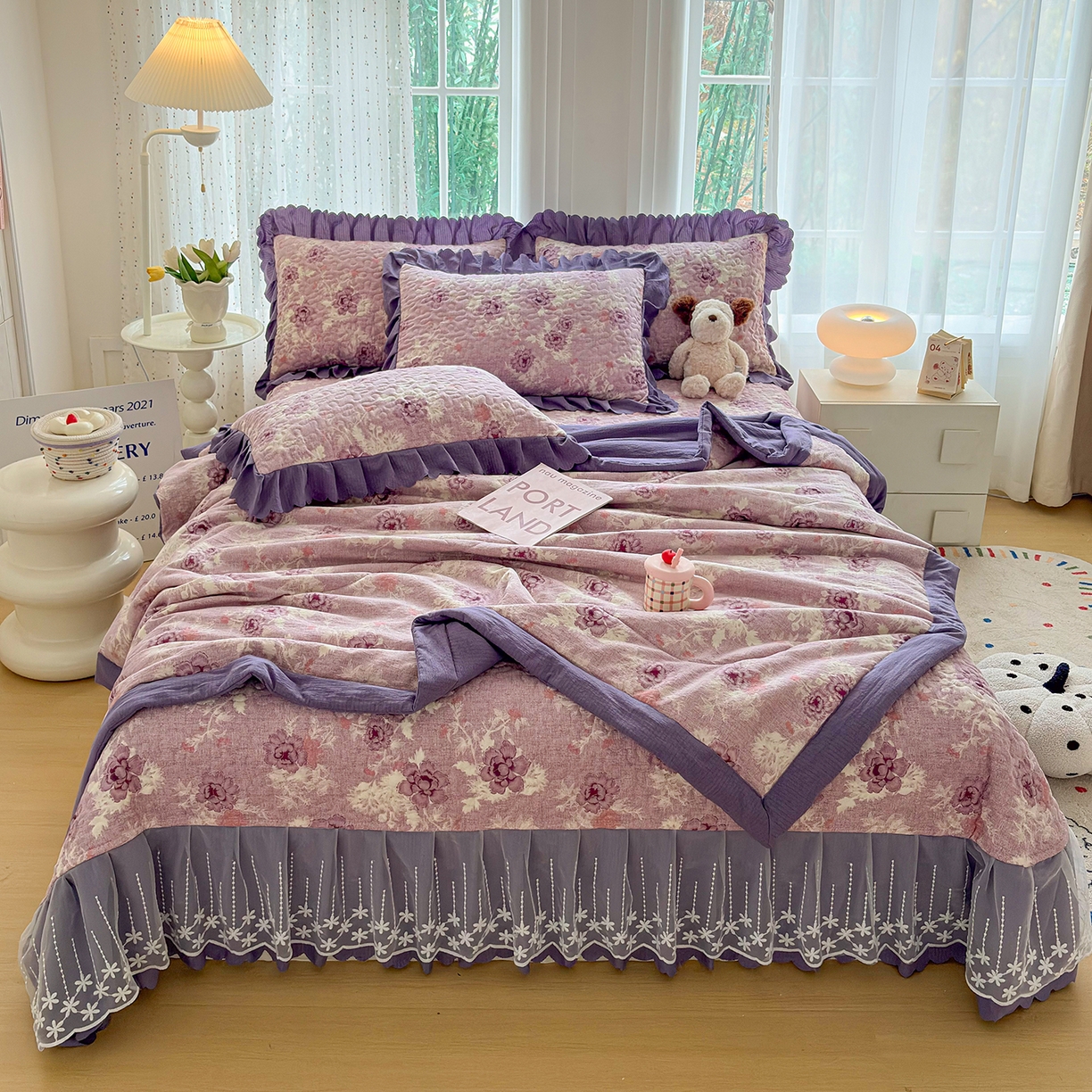 绒耀家纺 2026春夏直播爆款泡芙棉云感双层纱皱皱纱韩式花边夏被四件套 紫魅