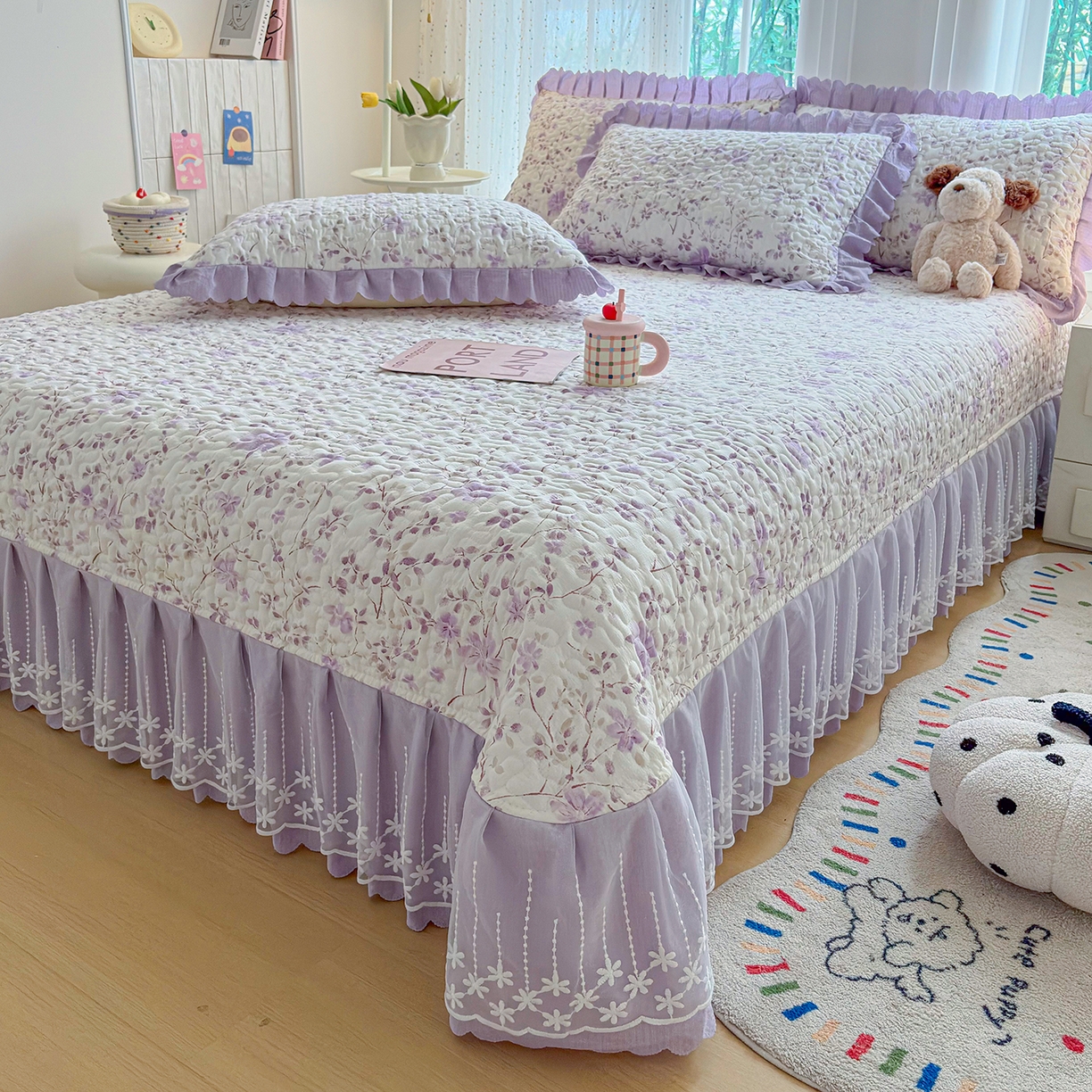 91家纺网 家纺一手货源 找家纺 绒耀家纺 2026春夏直播爆款泡芙棉云感双层纱皱皱纱韩式花边夏被四件套 紫薇