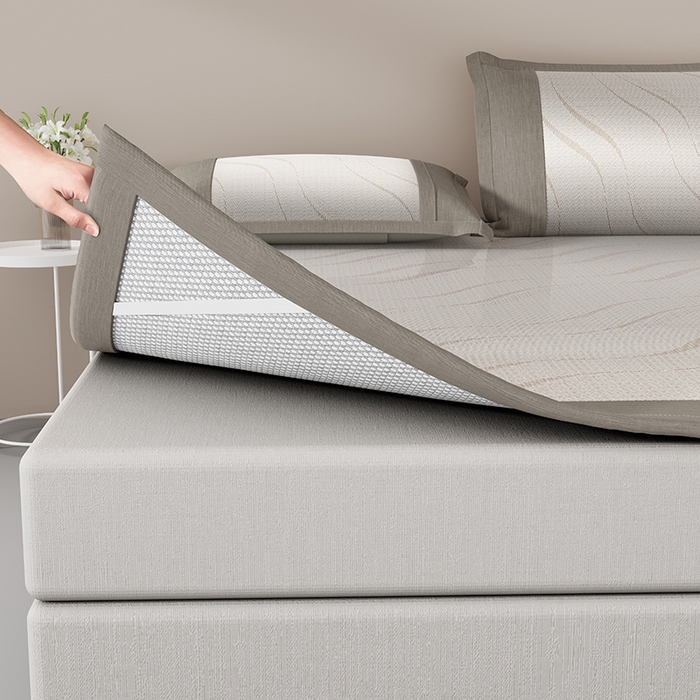 91家纺网 家纺一手货源 找家纺 yyds网供 2026新款波澜7A抗菌水洗提花刺绣冰丝席凉席软席三件套凉感丝空调席-波澜迪斯 波澜-冰幻咖