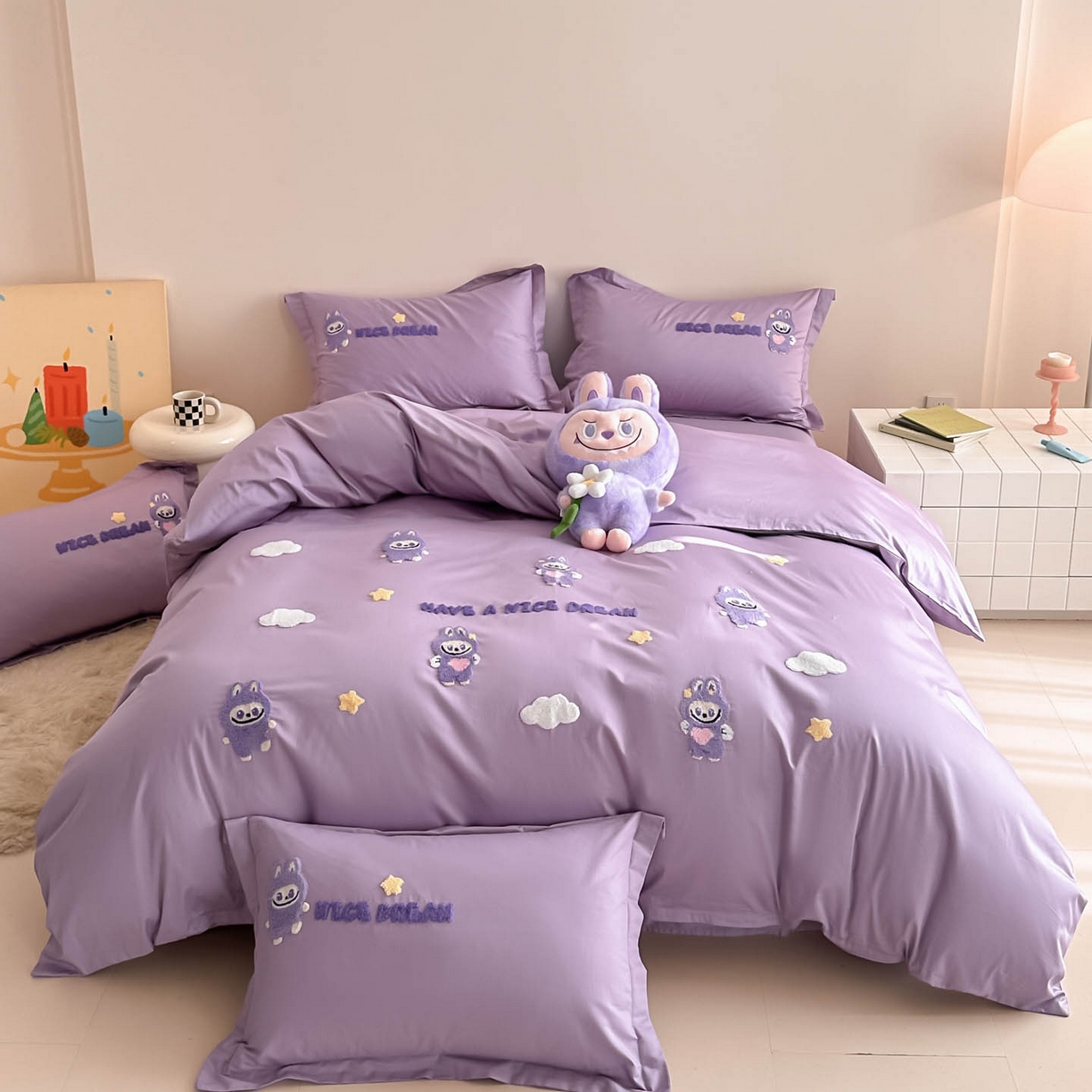 91家纺网 家纺一手货源 找家纺 犇牛仓储供应链 2026春夏新款A类全棉纯棉毛巾绣卡通款四件套拉布布 拉布布-优雅紫