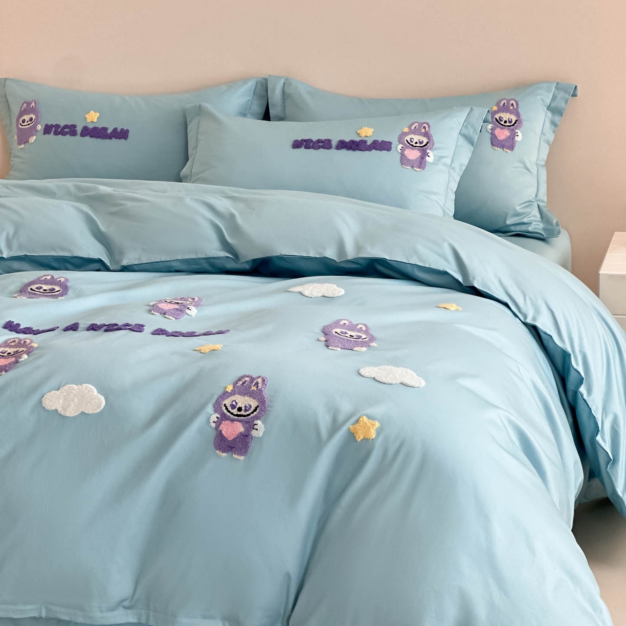 91家纺网 家纺一手货源 找家纺 犇牛仓储供应链 2026春夏新款A类全棉纯棉毛巾绣卡通款四件套拉布布 拉布布-蓝