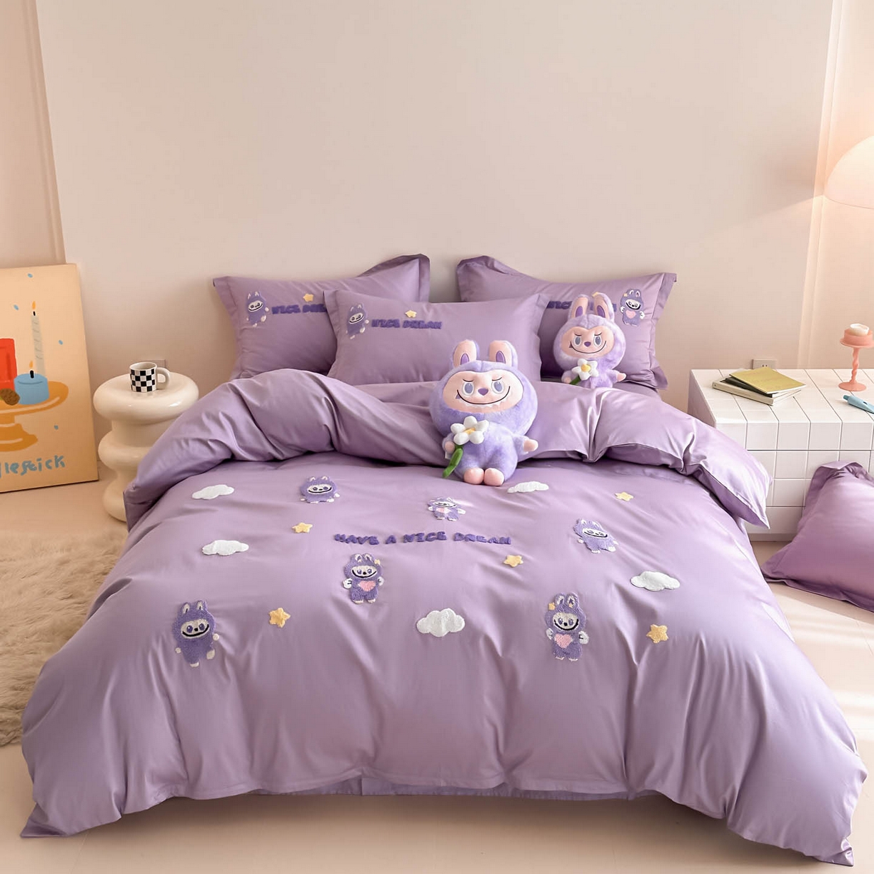 91家纺网 家纺一手货源 找家纺 犇牛仓储供应链 2026春夏新款A类全棉纯棉毛巾绣卡通款四件套拉布布 拉布布-优雅紫