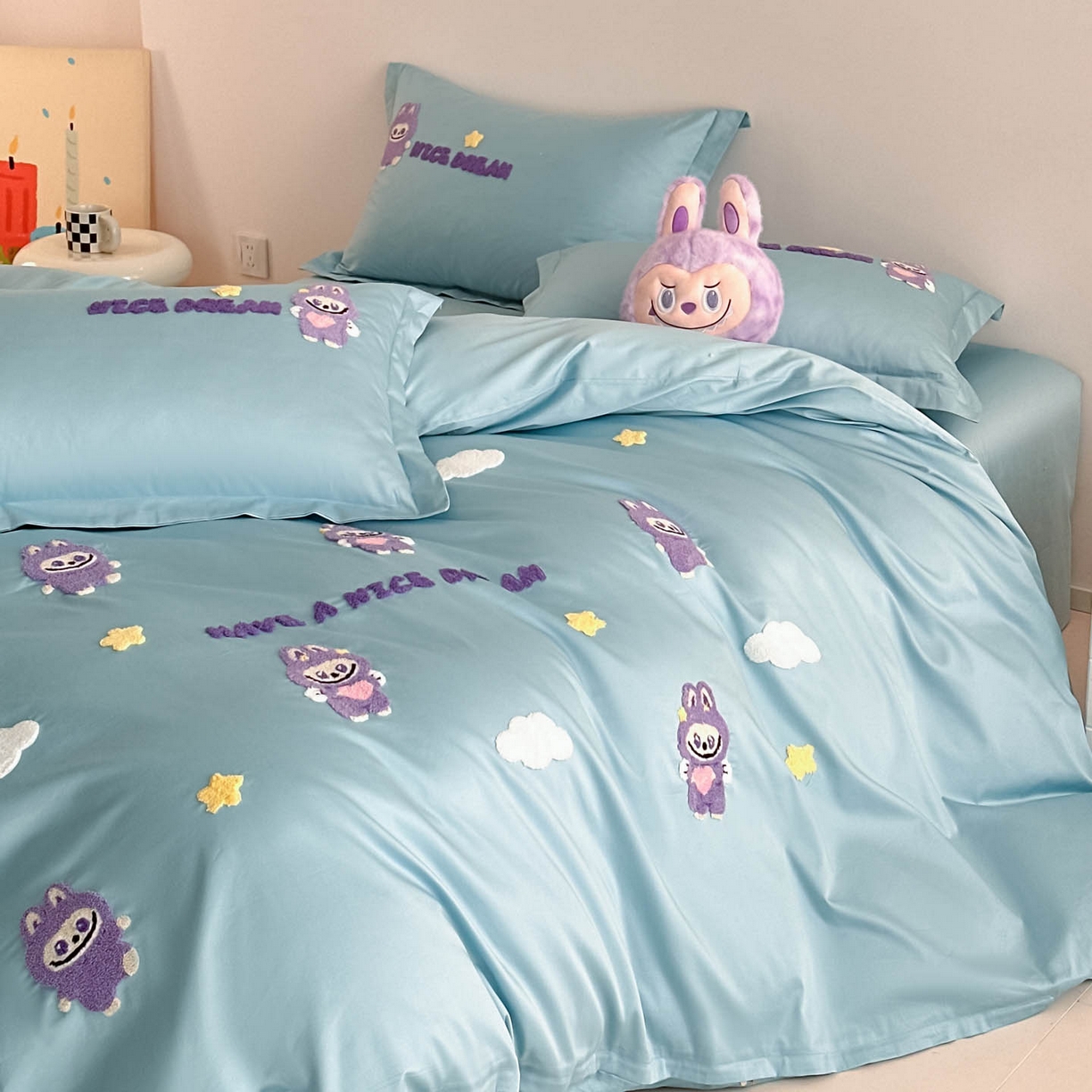 91家纺网 家纺一手货源 找家纺 犇牛仓储供应链 2026春夏新款A类全棉纯棉毛巾绣卡通款四件套拉布布 拉布布-蓝